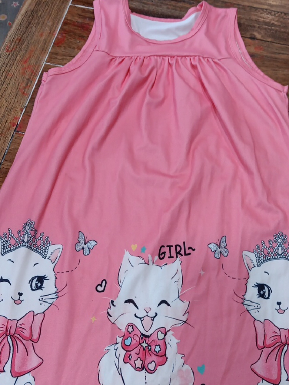 Girls Pink Cat Print  Sleeveless Dress.